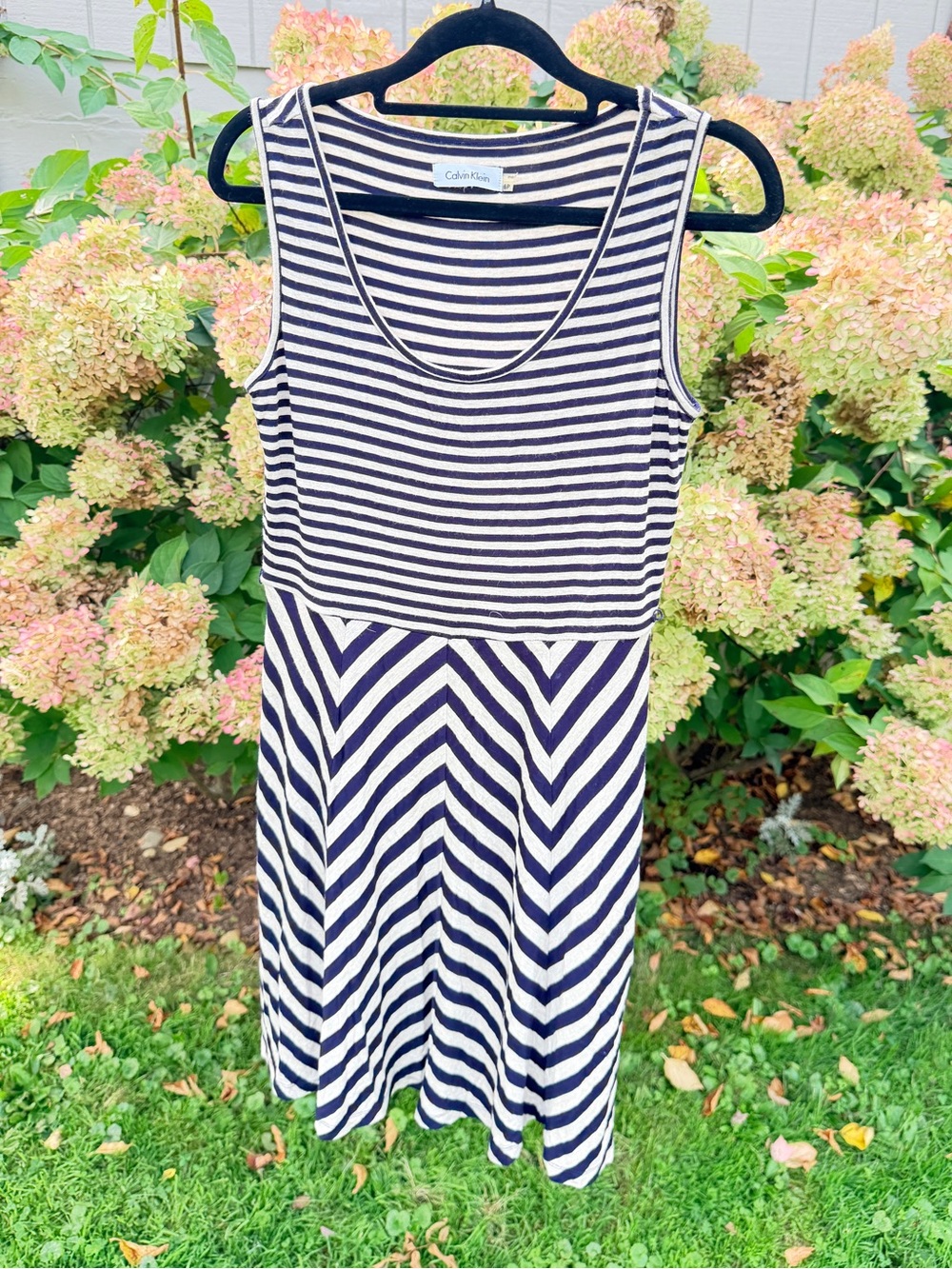 Calvin Klein Navy and White Striped Sleeveless Fit-and-Flare Dress